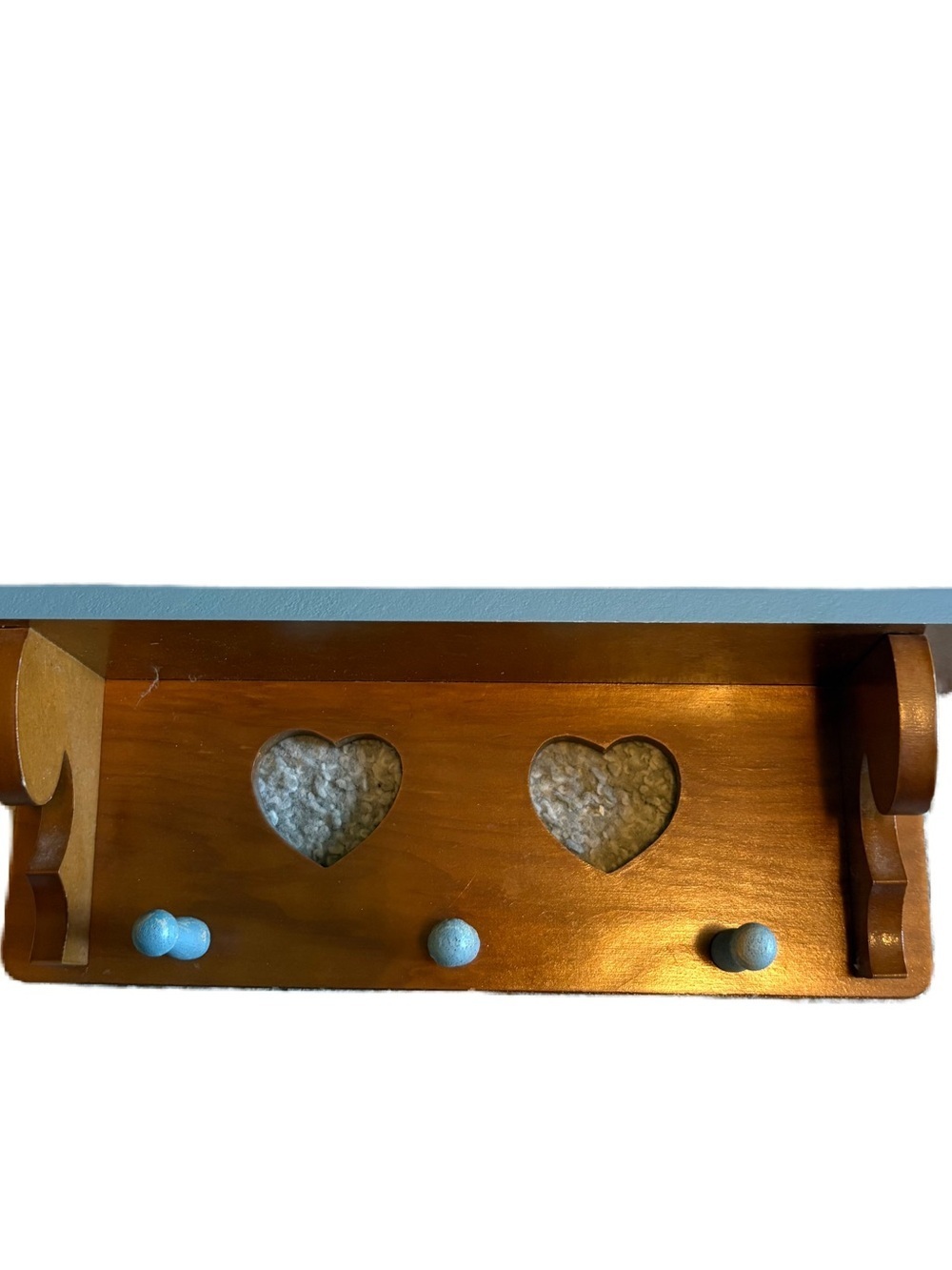 Vintage Heart Cut Out Knick Knack Wooden Shelf Peg Hanging Blue Brown